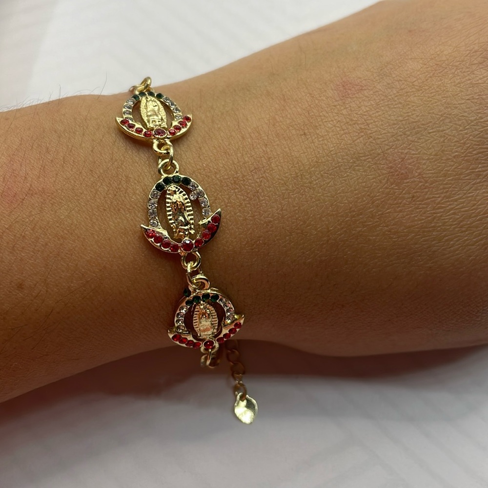 14k gold plated Virgin of Guadalupe bracelet tree colors rhinestones